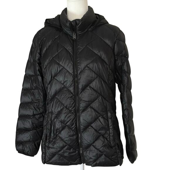 London Fog Packable Down Quilted Jacket Coat Women's L | Black Chevron | EUC - Picture 1 of 14